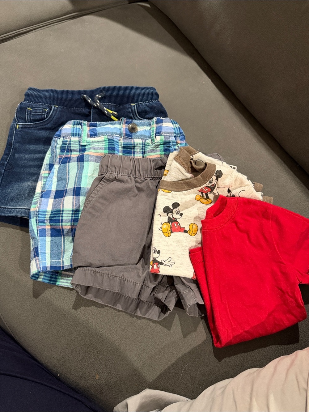Kids BUNDLE. 3 shorts, 2 shirts. Red Short Sleeve Tee and Mixed Shorts Set